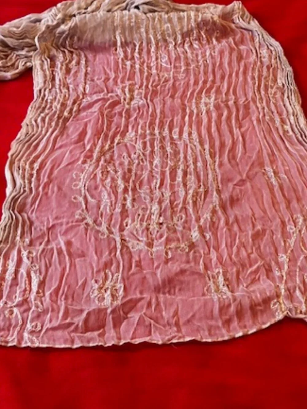 Sheer Crinkly Champagne Pink Scarf with Silk Embroidered Patterns